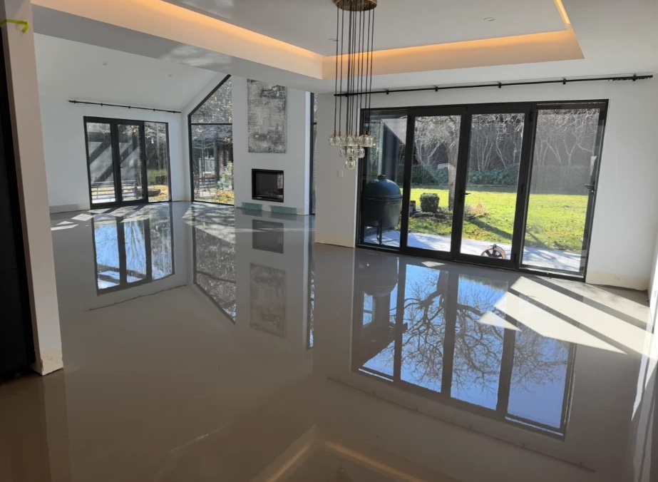 Levelled open-plan living area with garden views